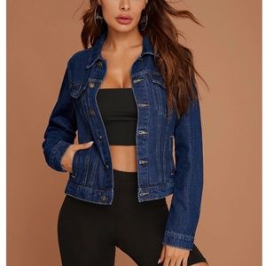 Dark Wash Blue Denim Jean Jacket Classic Button Up / Down Front Pockets
